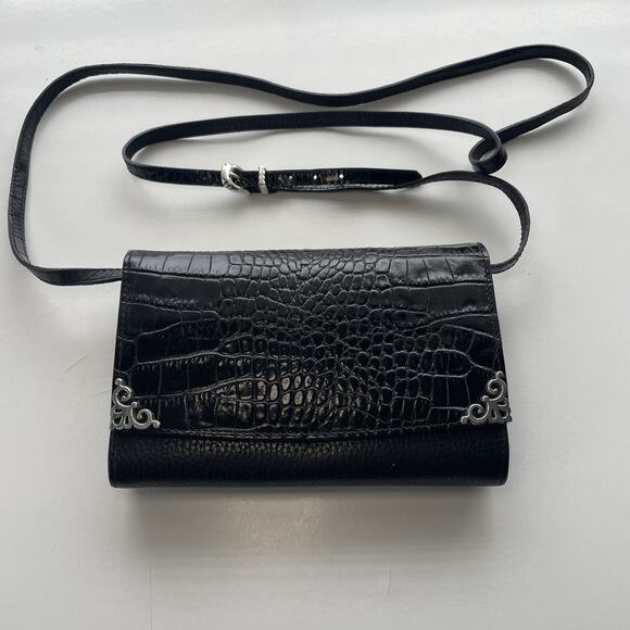 BRIGHTON Black Leather Organizer Wallet Crossbody Croc-embossed Elegant Western - Picture 15 of 15